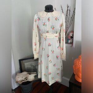 Vintage veggie print A line dress with puff sleeves, small/XS